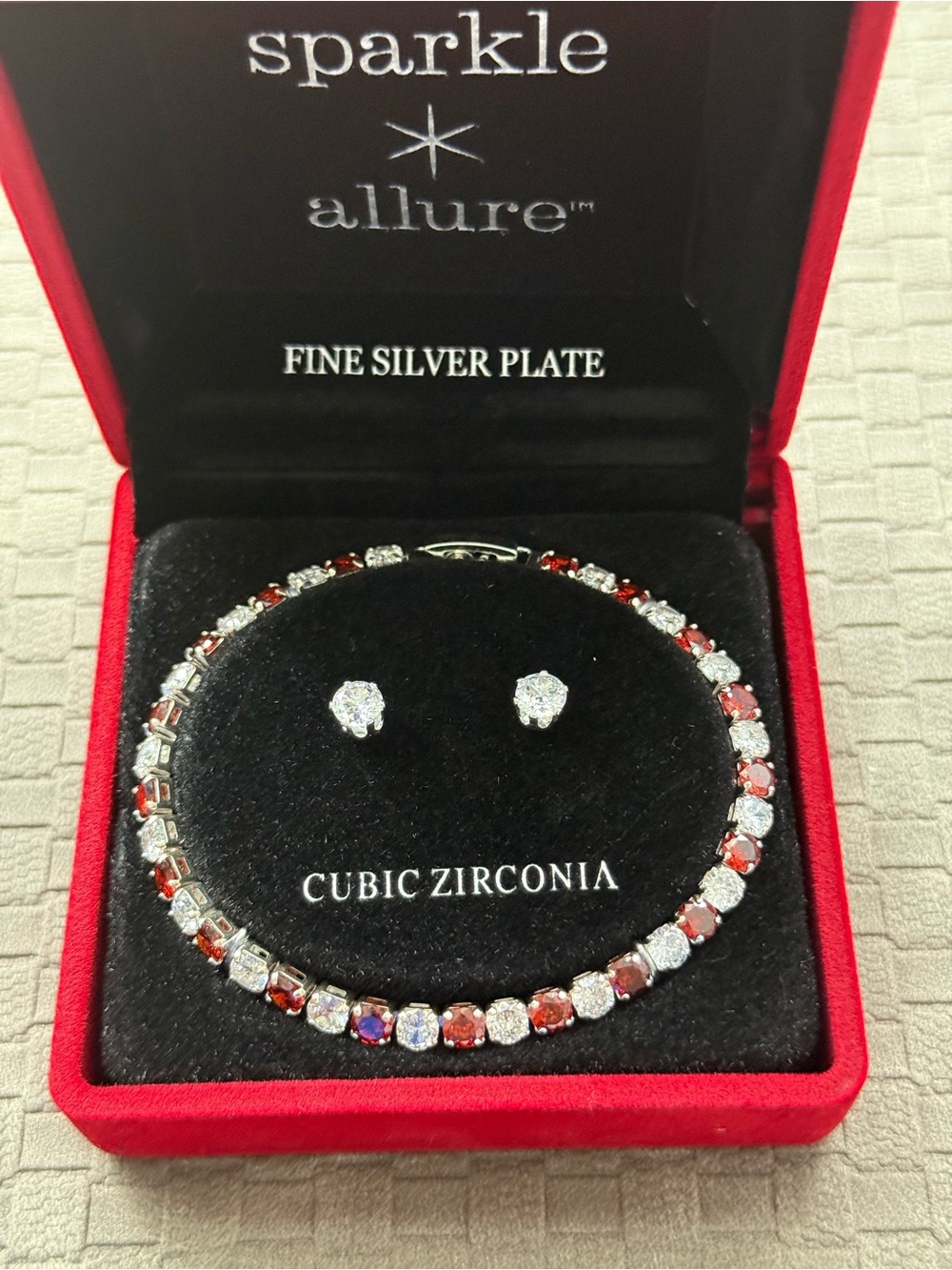 SIlver  Plated Red‎ & Clear Cubic Zirconia Tennis Bracelet with Stud Earring